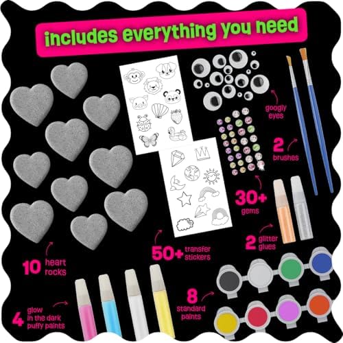 Creative transfer stickers, 3D gems, and googly eyes for decorating custom rock art.