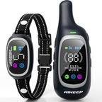 AIKEEP automatic anti-bark training collar remote control and nylon strap layout.