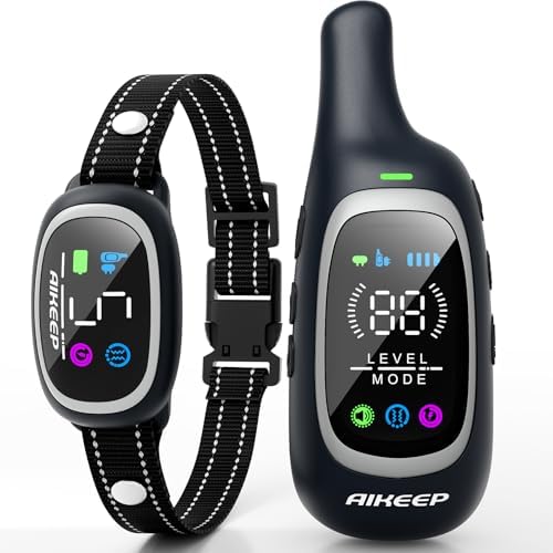 AIKEEP automatic anti-bark training collar remote control and nylon strap layout.