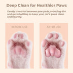 Close up view of the built in LED light illuminating a cat paw pad during a precision grooming session.