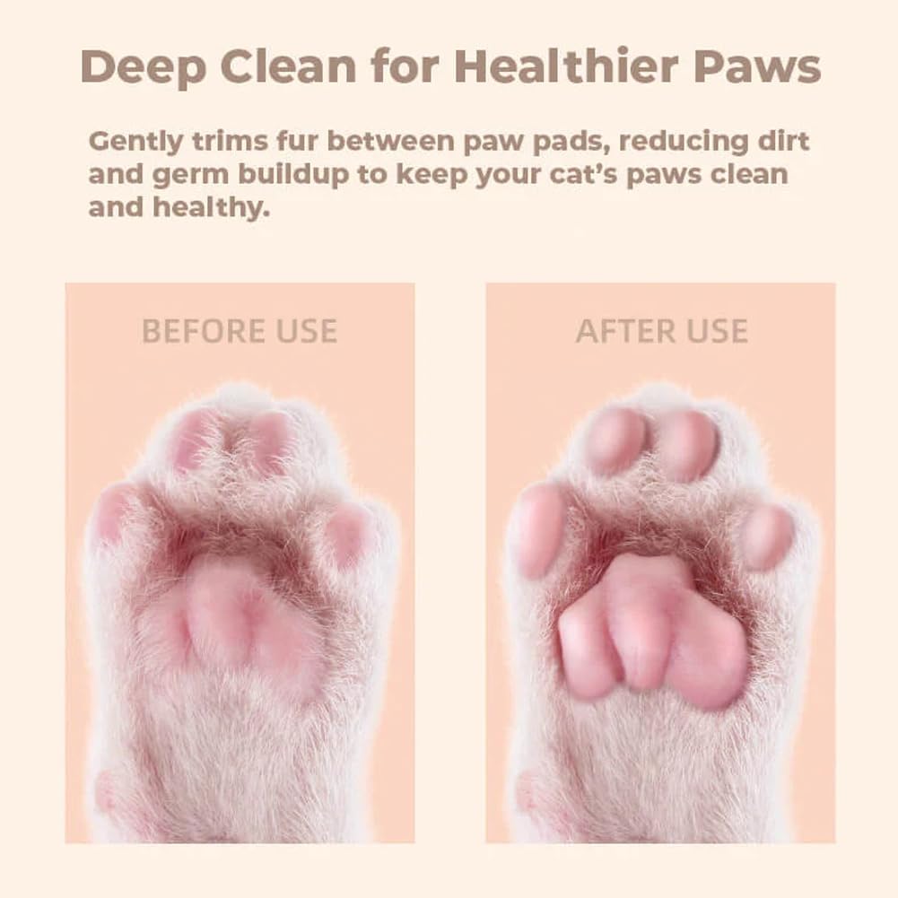 Close up view of the built in LED light illuminating a cat paw pad during a precision grooming session.