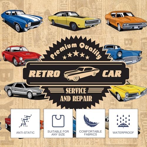 Waterproof hair styling cape featuring retro automotive service and repair print