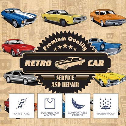 Waterproof hair styling cape featuring retro automotive service and repair print