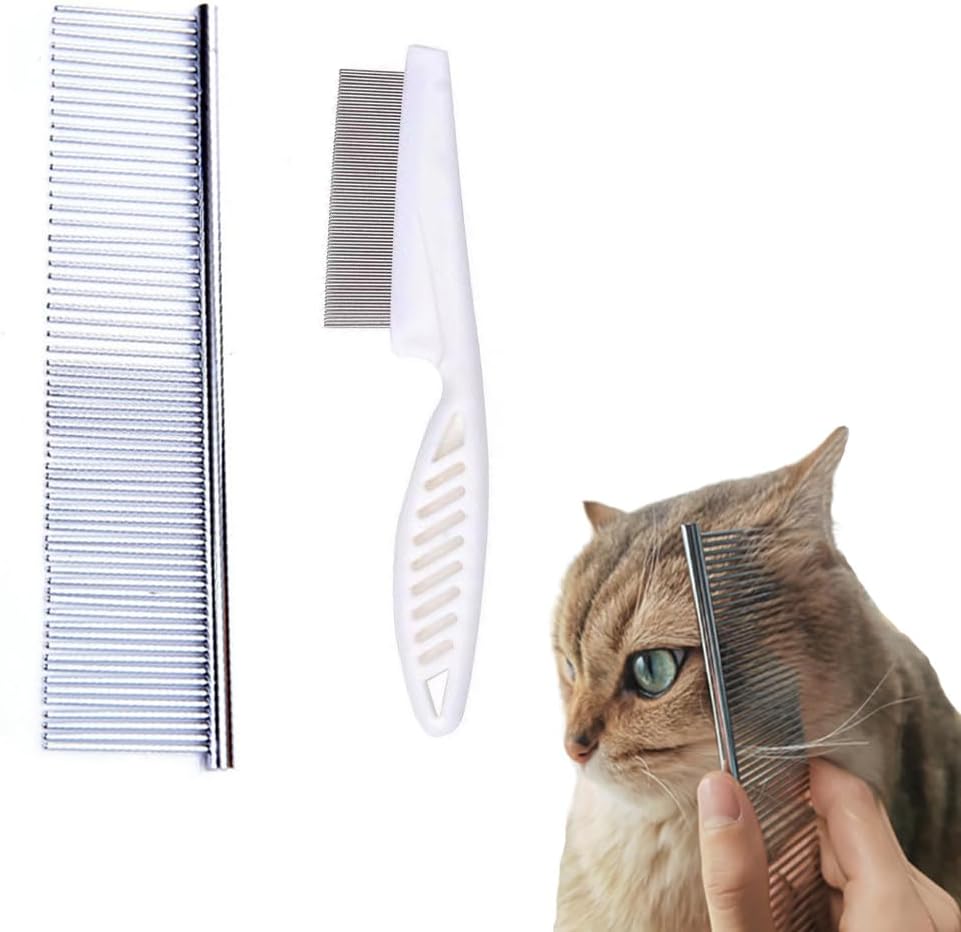 EFYUE 2Pack Flea Comb and stainless steel pet grooming set front view showing white handles