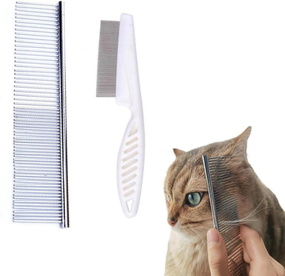 EFYUE 2Pack Flea Comb and stainless steel pet grooming set front view showing white handles