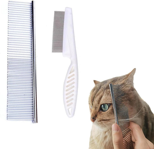 EFYUE 2Pack Flea Comb and stainless steel pet grooming set front view showing white handles