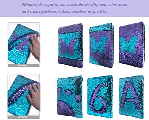 Close up of reversible butterfly sequins on Ginmlyda girls notebook.