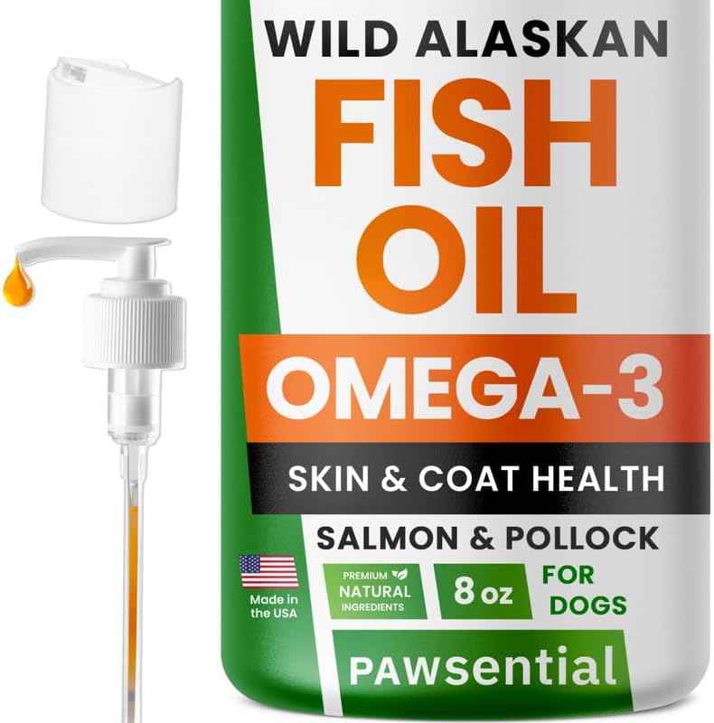 Pawsential Omega 3 Fish Oil liquid supplement bottle front view for pet skin and coat health