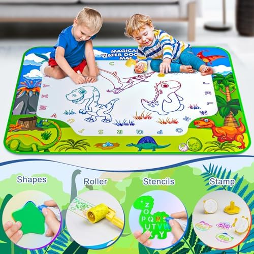 Two kids drawing together on large water doodle mat