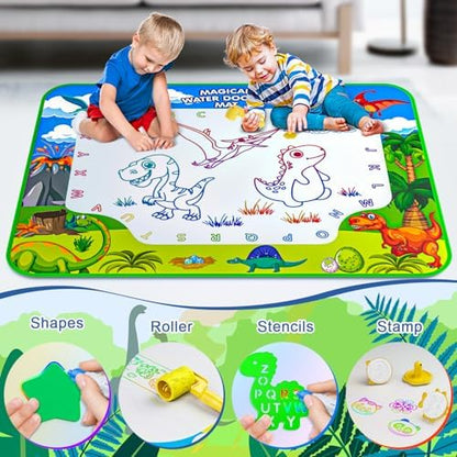 Two kids drawing together on large water doodle mat