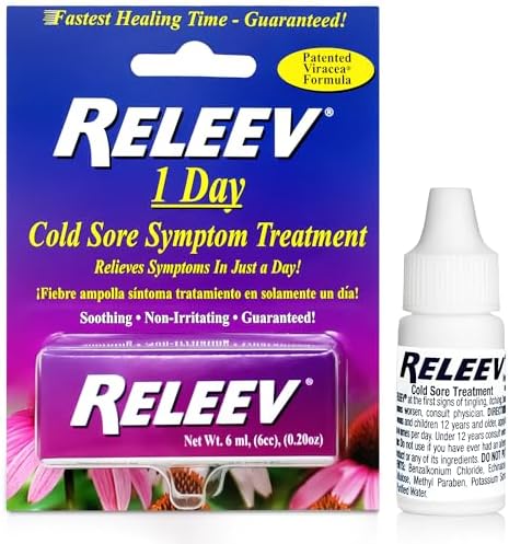 RELEEV cold sore symptom treatment bottles showing the 6 ml packaging details
