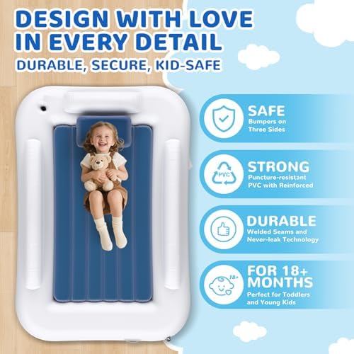 Portable sixty inch kids air mattress with raised safety sides inflated