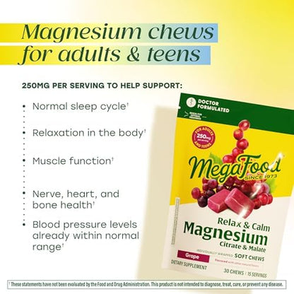 Back label view of authentic MegaFood relaxation chews with nutritional facts and clean ingredients list