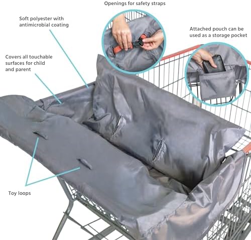 Grey J.L. Childress universal baby cart cover fitted over a standard wooden restaurant high chair