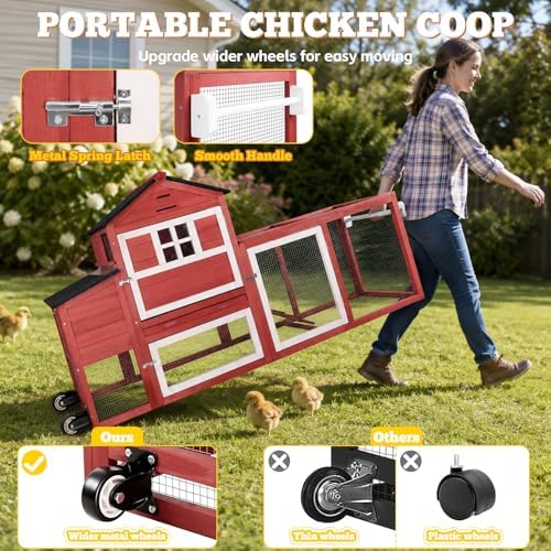 Portable Chicken Coop with Wheels Poultry Cage, Wooden Chicken Coop for 4-6 Chickens, Nesting Box, Pull-Out Tray, Ventilated Windows, Asphalt Weatherproof Roof, 81.5" Lx25.6 Wx44.1 H, Red - Image 4