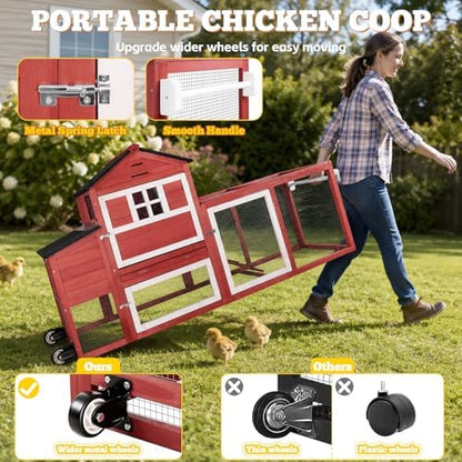Portable Chicken Coop with Wheels Poultry Cage, Wooden Chicken Coop for 4-6 Chickens, Nesting Box, Pull-Out Tray, Ventilated Windows, Asphalt Weatherproof Roof, 81.5" Lx25.6 Wx44.1 H, Red - Image 4