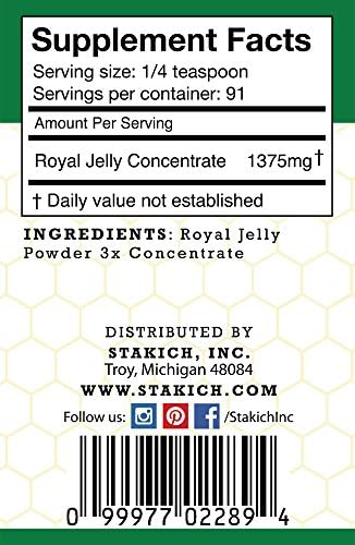 Side angle view of Stakich freeze dried royal jelly powder 3X concentrate packaging labels