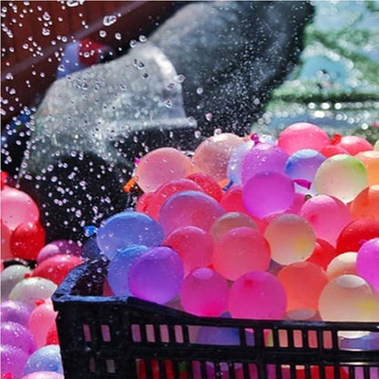 Kids and families playing backyard yard games with multi color splash water balloons