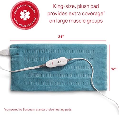 Sunbeam therapeutic heating pad detailing the attached digital push button controller with LED heat indicators