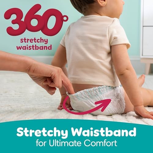Pampers premium pull on diapers showing the 360 degree stretchy waistband features
