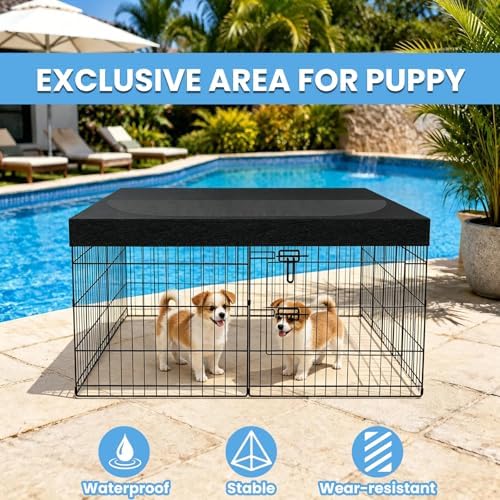 Weather resistant outdoor shade cover for pet exercise pens installed in a backyard setting.