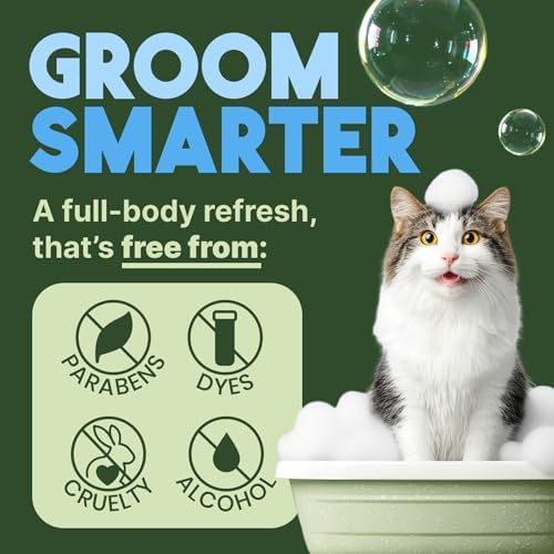 Authentic USA made TropiClean cat shampoo showing the soap free and paraben free icons.