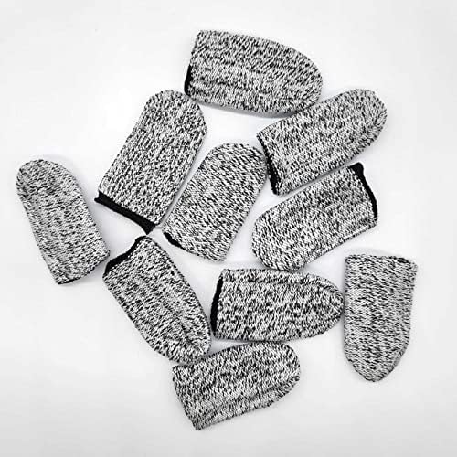 Ten pieces of grey elastic finger covers displayed flat