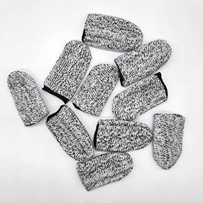 Ten pieces of grey elastic finger covers displayed flat