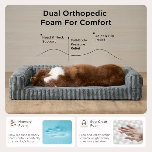 Bedsure ComfyFleece(TM) Orthopedic Dog Beds Large Sized Dog, Waterproof Memory Foam Pet Couch Sofa with Sides, Non-Slip Bottom and Egg-Crate Foam Large Pet Bed with Washable Corduroy Cover, Grey - Image 3