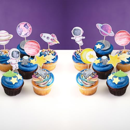 Close up of space themed cupcake topper picks on sticks