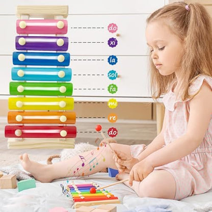 Blvochnnt preschool learning toy display highlighting the exact dimensions of the xylophone and mallets