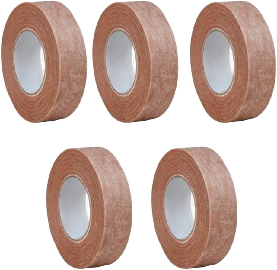 3M Micropore Tan Surgical Tape 5 roll pack front view showing beige paper medical tape for sensitive skin.