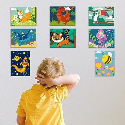 Packaging layout of the Goldentime pre drawn kids painting kit highlighting forty eight paints and two wooden supports