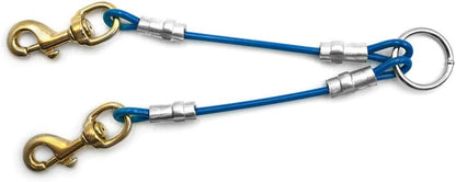 Outdoor Dog Supply triple dog coupler blue variant showing heavy-duty brass swivel snaps.