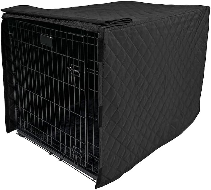 4Knines quilted dog crate cover 48 inch black front view on wire kennel