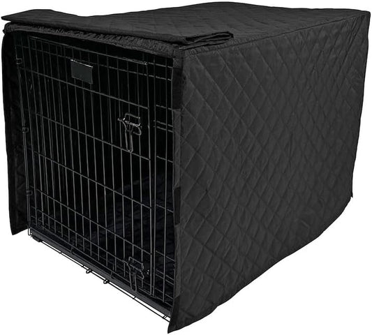 4Knines quilted dog crate cover 48 inch black front view on wire kennel