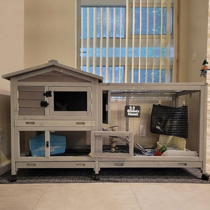 Bunny Cage Indoor and Outdoor Rabbit Hutch with Casters Waterproof Roof, Pull Out Tray from Back and Front 61.2" L x 22.6" W x 33.5" H - Image 2