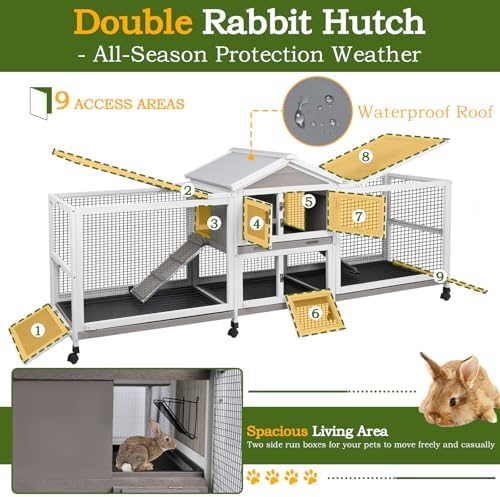 PetsCosset Double Rabbit Hutch Outdoor Indoor Large Bunny Cage with Dual Side Runs, 2-Story Wooden Hutch with 4 Leak Proof Trays, 8 Wheels, Waterproof Roof, Ramp, for Small to Medium Animals - Image 6