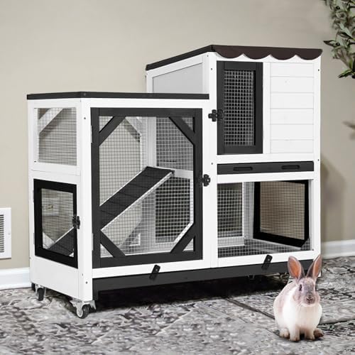 Gutinneen 2-Story Rabbit Hutch Bunny cage with Chew-Proof Ramp, Locking Leak-Proof Trays - Indoor/Outdoor 39.3" Wooden Rabbit Cage with Wheels for Rabbits, Guinea Pigs, Small Animal (Black and White) - Image 2