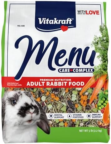 Authentic Vitakraft adult rabbit food packaging highlighting vitamin and mineral fortification.