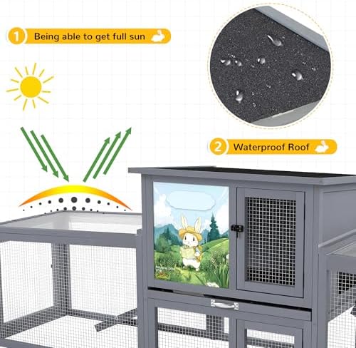 COZIWOW 95inches Extra Large Wood Rabbit Hutch Outdoor Easy to Assemble and Stable Bunny Cage Indoor with Cleaning Tray & Waterproof Roof for Small and Medium Bunny Rabbit ChickGrey with Pattern - Image 6