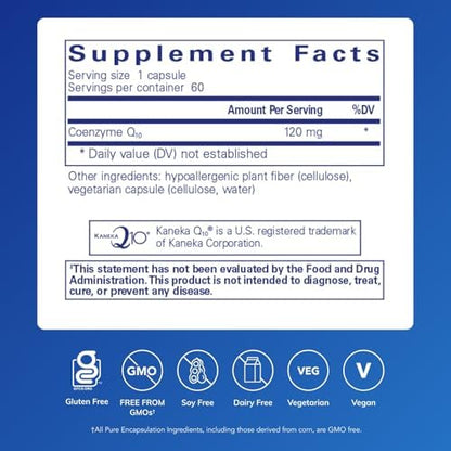 Pure Encapsulations coenzyme Q10 supplement facts panel showing ingredient transparency