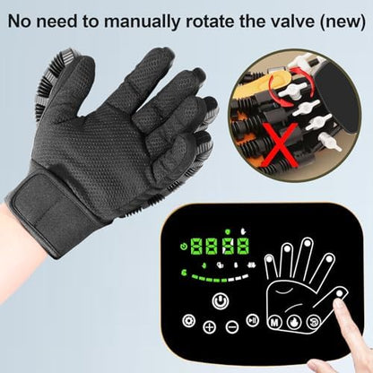 Close up of MZU heated therapy glove showing pneumatic finger sensors and black fabric.