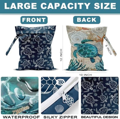 Two reusable waterproof travel bags with turtle print
