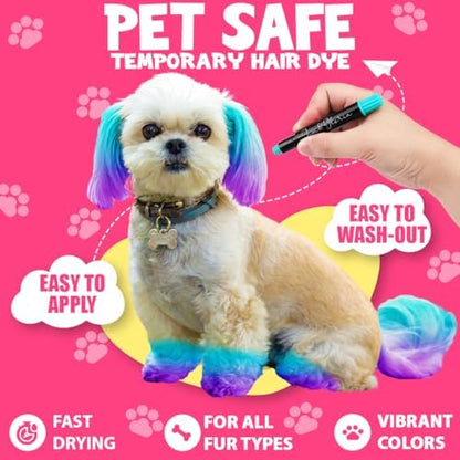 Dog with decorative colorful patterns using washable fur markers