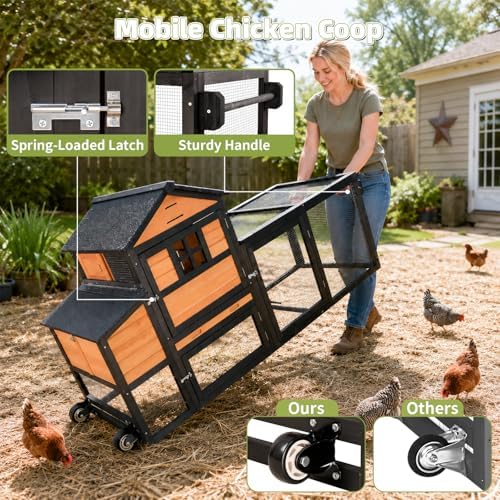 Chicken Coop with Run for 4-6 Chickens, Outdoor Mobile Hen House with Wheels, Easy Clean Nesting Box and Tray, Waterproof Asphalt Roof, Better Airflow, Wooden Poultry Cage, Brown, 81.5"x25.6"x44.1" - Image 6