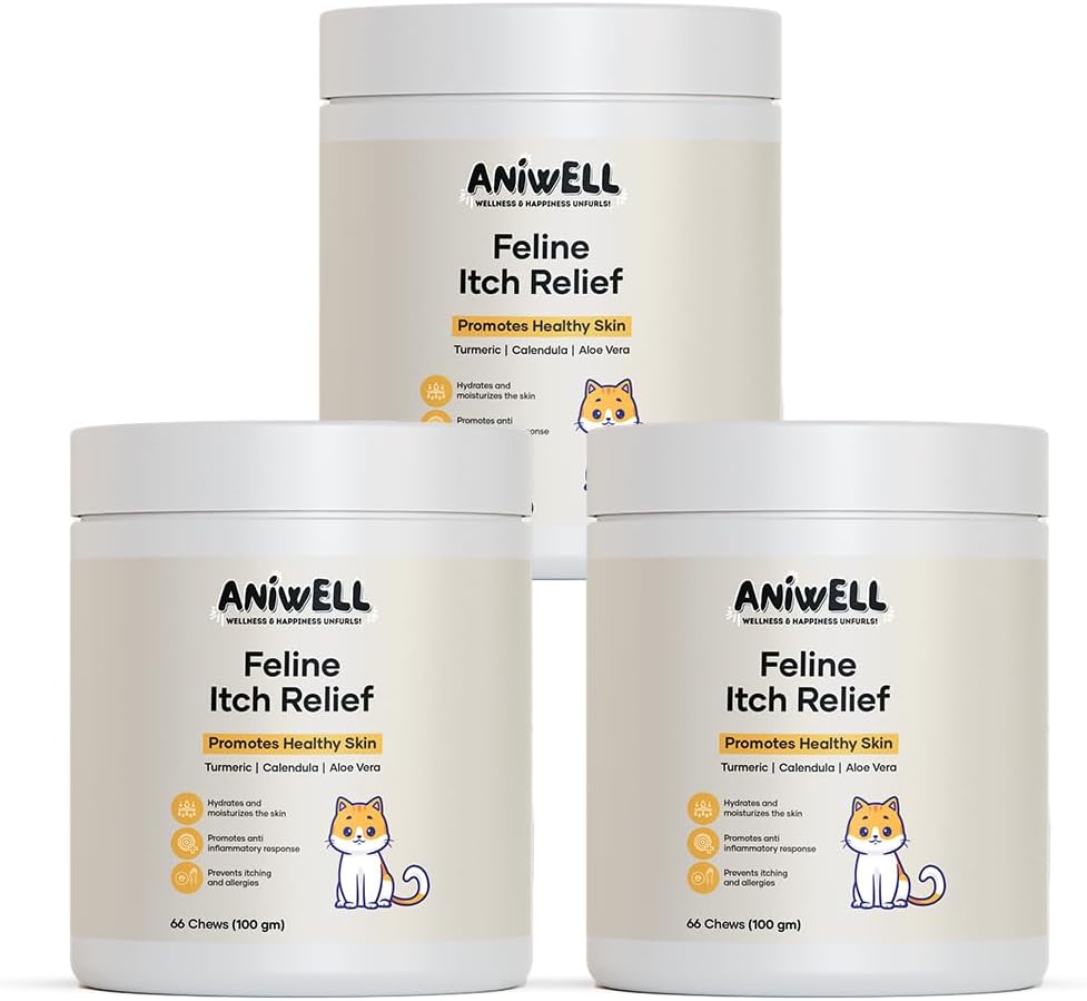 Back view of Aniwell cat allergy chew container with complete health and wellness safety instructions