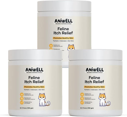 Back view of Aniwell cat allergy chew container with complete health and wellness safety instructions