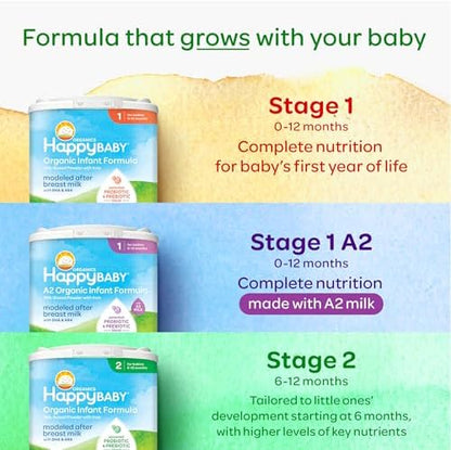 Top view of the Happy Baby Organics infant formula canister displaying the secure protective seal.