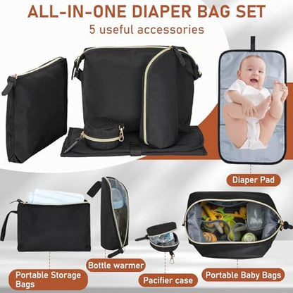 Black baby diaper bag tote with changing mat